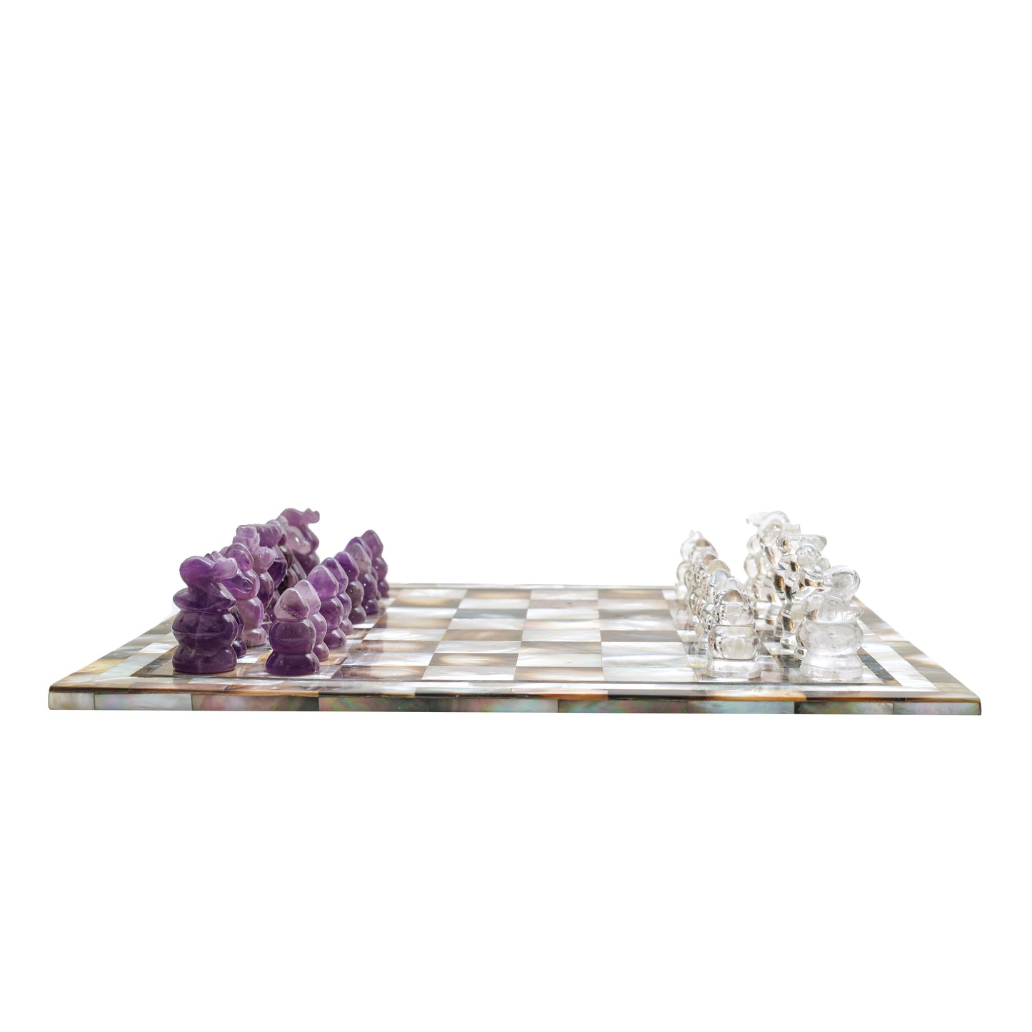 Mother of Pearl Chess Set - Clear Quartz + Amethyst