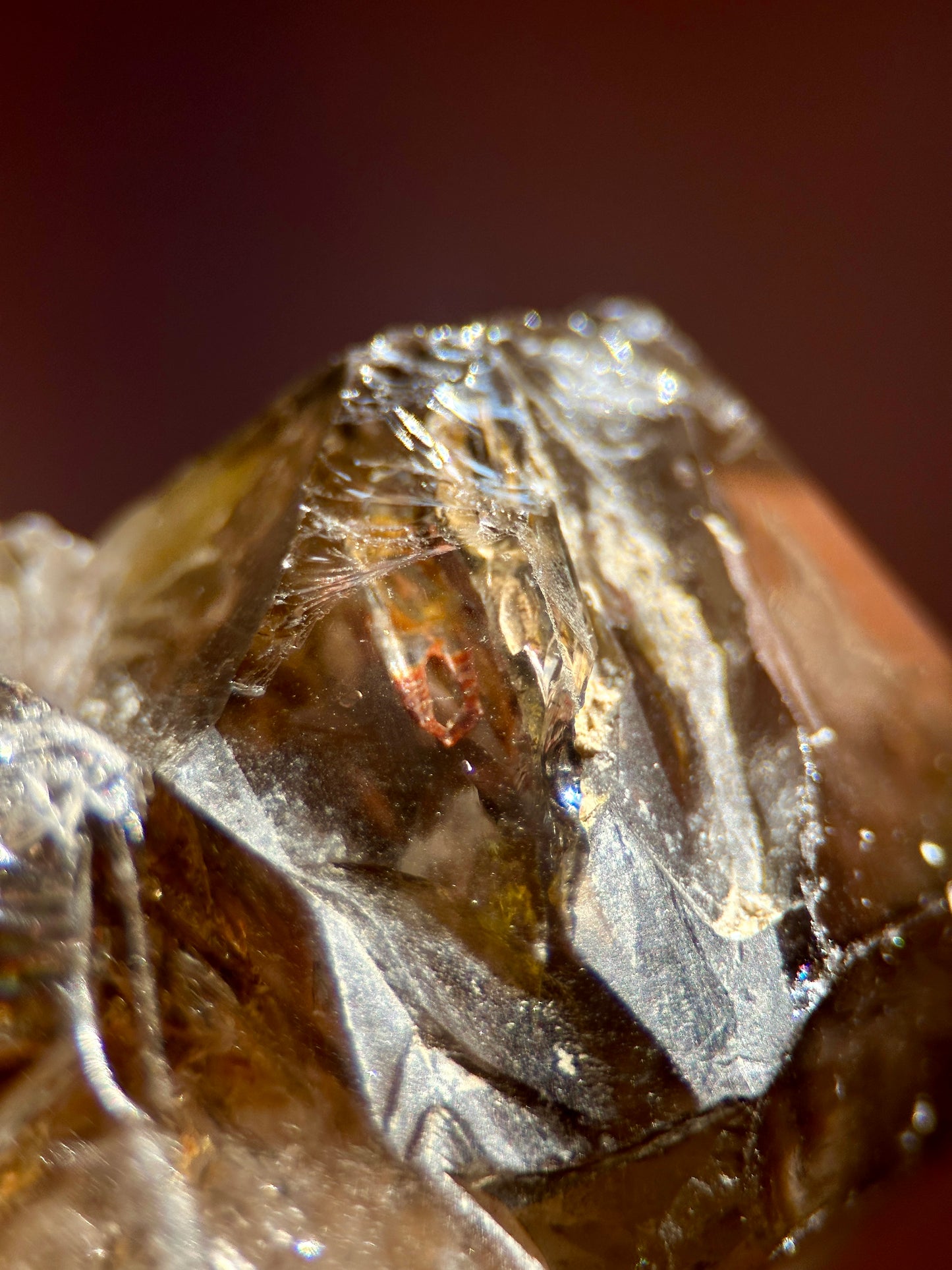 Elestial Quartz with Strawberry Quartz, Hematite, Goethite, and Epidote Inclusions,