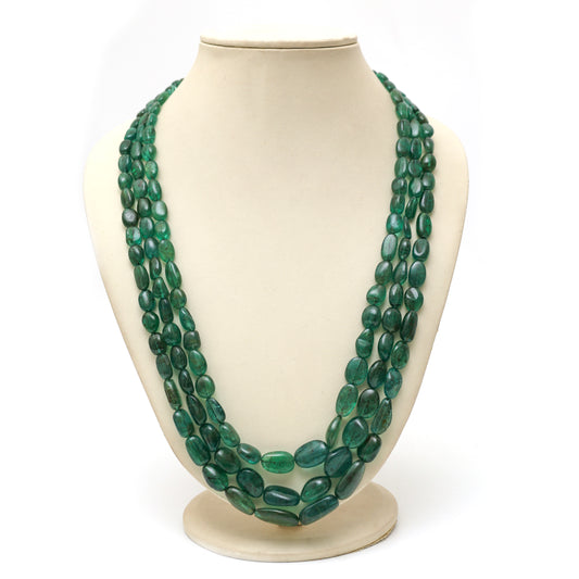 AAAA Natural Emerald Tumbled Bead 3 line Necklace- 632.85 cts
