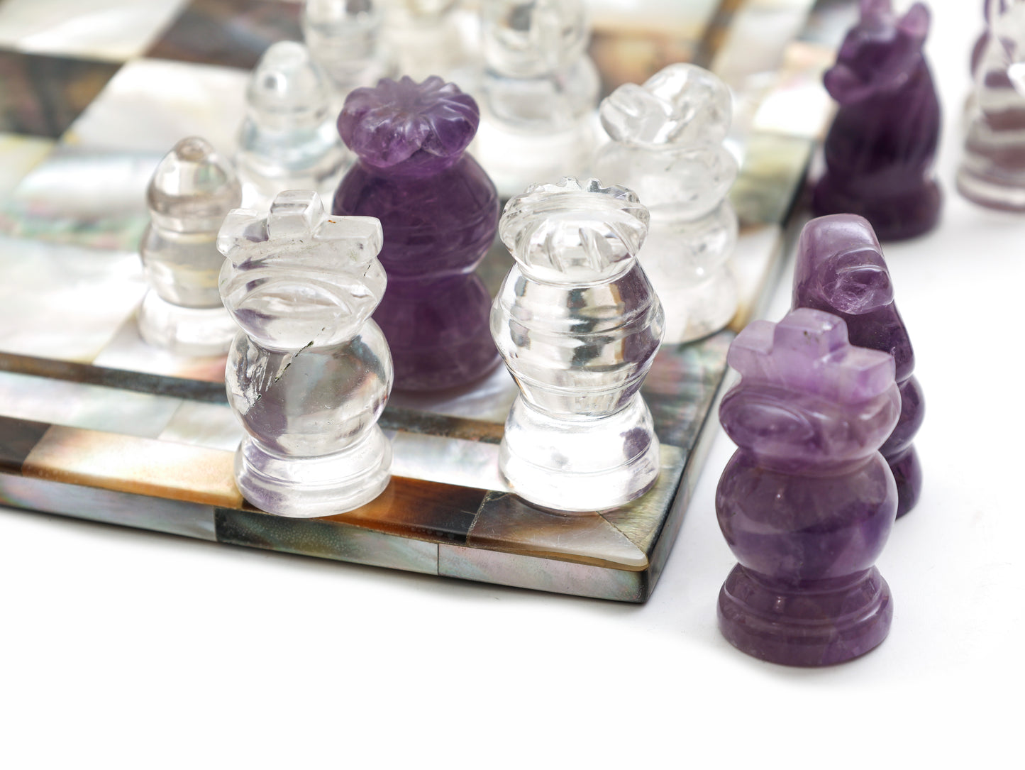 Mother of Pearl Chess Set - Clear Quartz + Amethyst