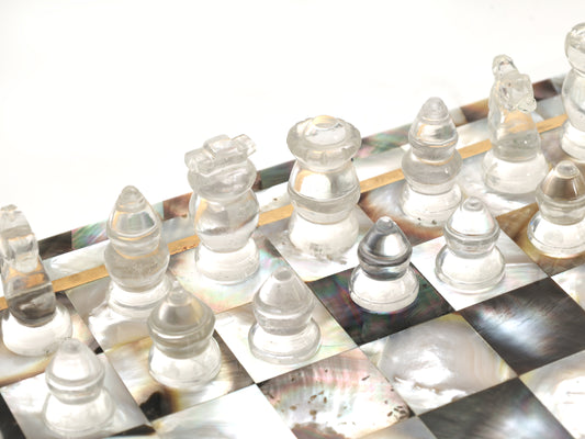 Mother of Pearl Chess Set - Clear Quartz + Smoky Quartz