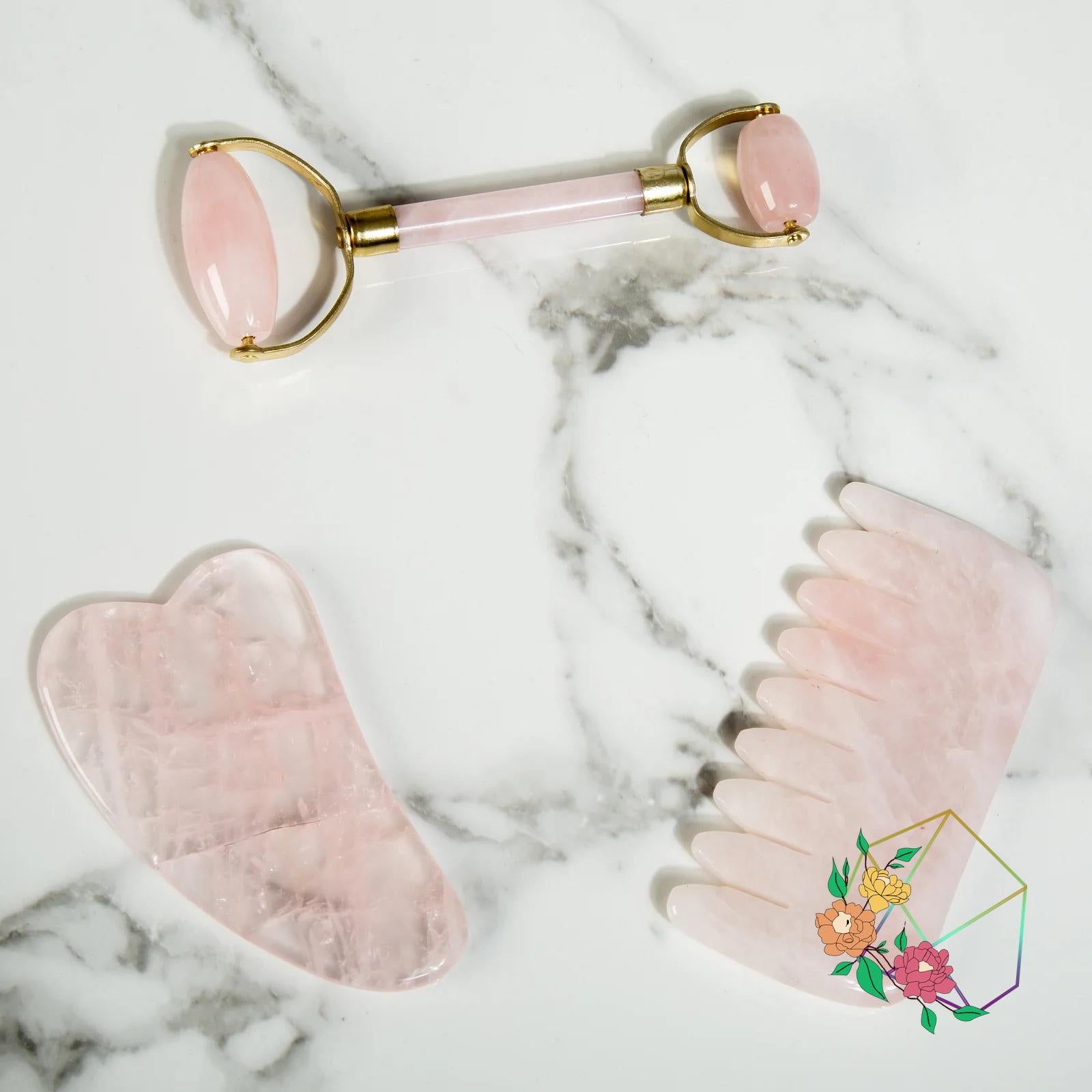 Rose Quartz Facial Roller and Gua Sha Set - Atyahara Rocks and Minerals