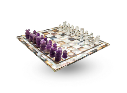 Mother of Pearl Chess Set - Clear Quartz + Amethyst