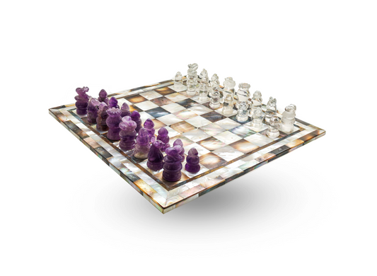 Mother of Pearl Chess Set - Clear Quartz + Amethyst