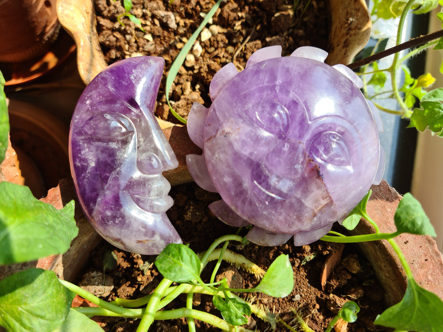 Amethyst Carved Sun and Moon Set - Atyahara Rocks and Minerals